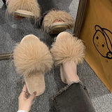 2023 Korean Version Of The New Flat-Bottomed Woolen Slippers Wear Fashionable Flip-Flops, Feathers, Morning Robes And