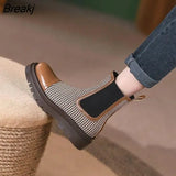 and winter new elasticated thick-soled women's boots French retro flat color elastic stitching plaid fashion