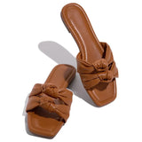 New Women's Slippers Summer Bow Square Toe Shoes Twist Strap Ladies Flat Sandals Outdoor Beach Casual Comfy Female