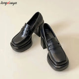 Mary Janes Shoes Women 9cm Thick High Heels 2024 Leather Platform Square Toe Pumps Ladies Solid Elegant party