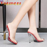 Summer Women Shoes New Fashion Leopard Print Slippers Crystal Open Toed Sandals Women Sexy Transparent Heel 11cm High