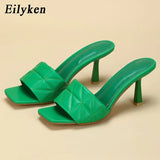 New Design Red Green Shallow Women Slippers Square Toe Print Thin High Heel Summer Wedding Party Sandals