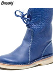 2023 Women Winter Mid Calf Boots Leather Snow Boots Lace Up Plush Fur Warm Slip-on Ladies Shoes Square Heel Short
