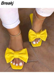 Summer Plus Size One-line Solid Color Bow Flat Sandals Outdoor Beach Slippers Elegant Women Shoes