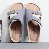 Men's Cow Suede Leather Mule Clogs Slippers High Quality Soft Cork Two Buckle Slides Footwear For Men Women Unisex