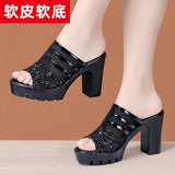 Thick-Heeled Fishmouth Fashionable Women Wearing Sandals And Slippers 2023 Summer Thick-Soled Waterproof Gauze Soft Leather
