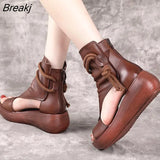 Women Summer Sandals Mid Heels Wedges Shoes Ladies Vintage PU Leather Plus Size Sandalias Mujer Sapato Feminino