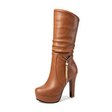 Big Size 34-43 Elegant Black Pleated mid-calf Boots Women 2020 Platform Boots Ladies slip-on High Heels Shoes