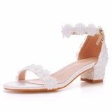 Breakj Cm Thick Heel Shallow Mouth With Beaded Square Sandals White Lace Wedding Shoes Coarse Heel