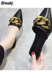 Women's Mules Shoes Pointed Toe Low Heel Women's Slippers Summer Metal Chain Female Sandals Woman Closed Toe Casual