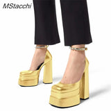 Platform Shoes Women Rhinestone Ankle Strap Prom Shoes Stylish Gold Silver Women Pumps Square Toe Thick Bottom