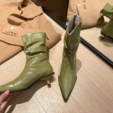Black Leather Women Ankle Boots Thin Mid Heels Stretch Booties Back Zipper Pointed Toe Fold Design Elegant Winter
