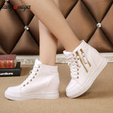 Women Wedge Sneakers Side Zipper PU Leather Casual Shoes Sequins Thick Bottom White Shoe Women's Internal Heighten Flat