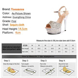 New 14.5CM High Heels Waterproof Platform Sequin Sandals Transparent Thick Bottom Crystal Shoes Women Wedding Party