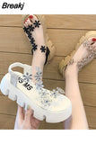 Women Shoes Sandals Ins Tide 2023 New Female Summer Flowers Flat Fashion Thick Sole Transparent High Heels Ladies