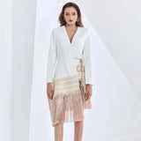Indie Folk Blazer For Women V Neck Long Sleeve Patchwork Tassel Lace Up Hit Color Coat Female 2022