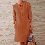 2020 Winter Autumn Button Cotton Linen Dress women Elegant O-Neck Knee length Long Sleeve Pocket Solid Dress Plus Size