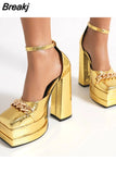 Stone Pattern Women Pumps Big Size Double Platform Shoes For Women Fashion Chain Buckle Strap Square Toe Chunky Heel