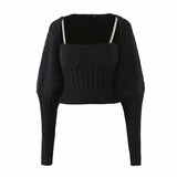 Casual Beige Knitted Women's Suit Square Collar Sleeveless Top Bishop Long Sleeve Cardigan Two Piece Set Women