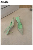 Spring New Brand Pointed Toe Slingback Shoes Thin Heels Shallow Slip On Ladies Elegant Sandals Green Pumps For Dress