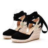 Queen Womens Summer High Heels Platform Wedge Sandals Ankle Buckle Strap Closed Toe Rubber Lace-up