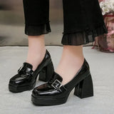 lolita shoes Chunky Platform shoes Loafers Heel Patent Leather Slip On Casual Shoes Women Lady Office Shoes black