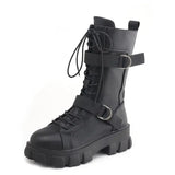 Chunky Platform Motorcycle Boots Women 2023 Autumn Winter PU Leather Mid Calf Boots Woman Thick Bottom Punk Botas