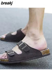 New Summer Men Beach Suede Cork Slipper Couple Shoe Casual Nubuck Leather Women Outdoor Double Buckle Slide