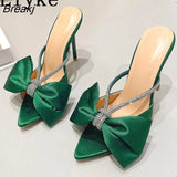 Sexy Party Nightclub Stripper Heels 11CM Slippers Fashion Bowknot Pointed Open Toe Crystal Rhinestone Shoes Women