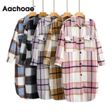 Vintage Plaid Long Woolen Coat Women Long Sleeve Pockets Overcoat Female Turn Down Collar Loose Outerwear Coats