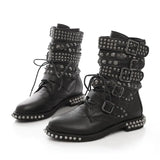 2023 New Winter Women Leather Rivet Buckle Motorcycle Boots Lace Up Gothic Punk Round Toe Platform