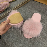 2023 Korean Version Of The New Flat-Bottomed Woolen Slippers Wear Fashionable Flip-Flops, Feathers, Morning Robes And