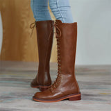 Women Genuine Leather Knee High Boots Round Toe Flat Zipper Ladies Boot Concise Lace-up Long Booties Autumn Winter