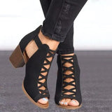 Women Square Heel Sandals Peep Toe Hollow Out Chunky Gladiator Sandals with Strap Black Spring Summer Shoes