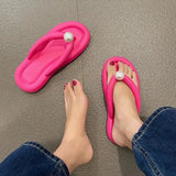 Pearl Soft Flip Flops for Women 2023 Summer Clip Toe Platform Pillow Slides Woman Light Non Slip Beach Slippers