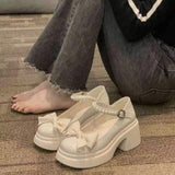 Jane Shoes 2024 Spring New Fashionable Bowknot Thick-Heeled Round Head Retro Sweet Single