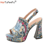 Print Sandals Women 2023 Summer Platform Shoes Chunky Style Peep Toe Heels Cloth Upper Zapatos