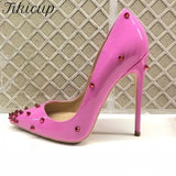 Women Patent Pink Pointy Toe High Heel Shoes with Spikes Sexy Ladies Rivets Party Stiletto Pumps Big Size 43 44