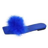 Blue Summer Flat Fur Slipper Women 2023 Soft Bottom Non Slip Slides Shoes Woman Fashion Square Toe Fluffy