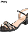 Women Sandals 2023 Heels Casual Shoes Womens Open Toe Summer Gold Shoes Square Female Buckle Strap Low Heels Footwear Woman
