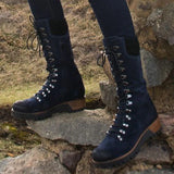 Fashion Women's Mid-Calf Boots Round Toe Western Lace-Up Side Zipper Ladies Boots Comfortable Non-Slip Motorcycle