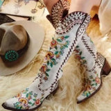 High Quality Shoes Woman Big Size 34-43 Embroider Vintage Westren Boots Square Toe Mid-calf Chunky Heels