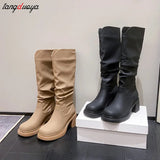 Winter Khaki Women High Heels Knee High Boots Fashion Designer Chunky Shoes Sexy Long Boots Botas Mujer platform