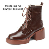 Women Genuine Leather Ankle Boots Round Toe Platform Thick High Heel Lady Zipper Lace-up Short Boot Winter Autumn
