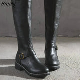 PU Leather Women Long High Boots Riding Casual Belt Buckle Zipper Autumn Platform Winter Low-heeled Black Brown Retro