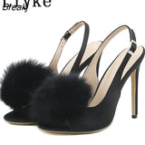 Sexy Slingback Back Buckle Strap Sandals Women Black Faux Fur Peep Toe Gladiator High Heels Summer Shoes Sandalias