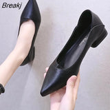 Women Leather Pumps Shoes Office Lady Med Square Heel Pointy Toe Slip On Work Shoes Classic Heel 4