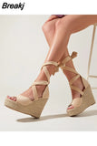 Women's Espadrille Ankle Strap Sandals Wedges Woman Pumps Platform Women Summer Shoes Comfortable Flax Hemp Canvas High