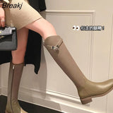 Boots Thick Med Heel Zipper Ladies Boots Round Toe Knee High Boots Autumn Winter Brown