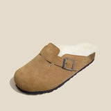 Fashion Winter Fur Slipper Leather Mule Clogs Slippers Long Plush Warm Indoor Soft Cork Buckle Slides Footwear for